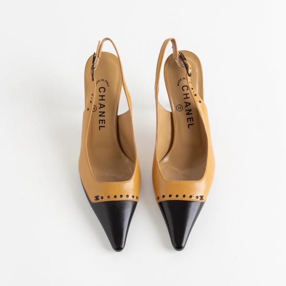 SOLD— Chanel Brown + Black CC Dot Slingback Heels - Picture 1 of 11